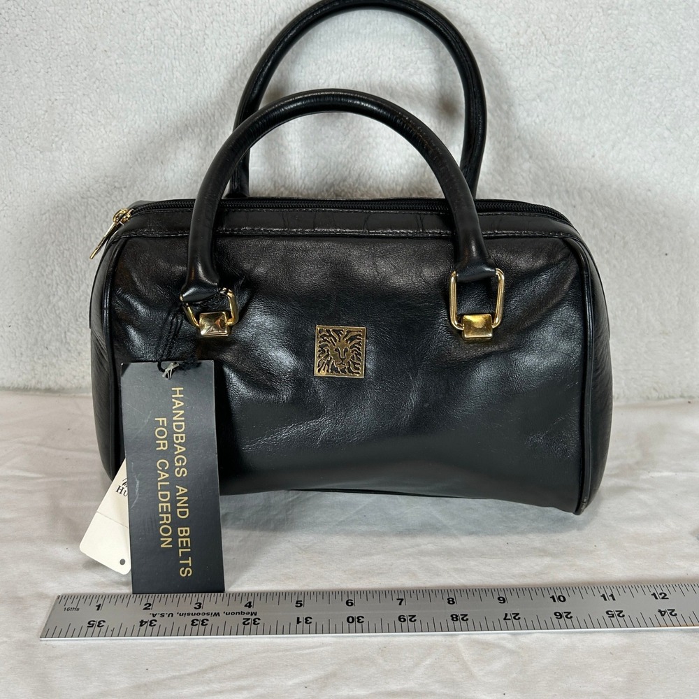 Anne Klein Vintage Black Leather Satchel Crossbody Bag Gold Lion Logo NWT - Picture 6 of 15
